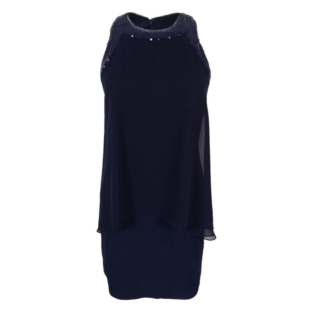 Betsy & Adam Women's Petite Sleeveless Sequined Trim Dress - Navy